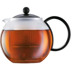 Bodum Tee-Kanne Assam 1844-01 Glas, Mit Kunststoff-Sieb, French Press, Schwarz, 1,0 L