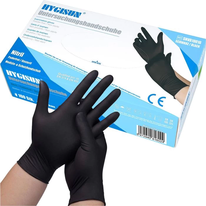 HYGISUN Einmalhandschuhe Intco Nitril, Puderfrei, Schwarz, 100 Stück, Größe M 1 HYGISUN Einmalhandschuhe Intco Nitril, Puderfrei, Schwarz, 100 Stück, Größe M