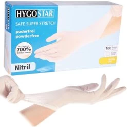 Franz-Mensch Einmalhandschuhe Safe Super Stretch, Nitril, Puderfrei, Weiß, 100 Stück, Größe XS