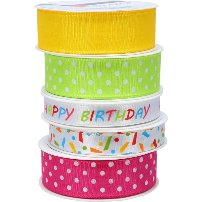Präsent Geschenkband Geburtstag, Set Mit 5 Motiven, Stoffband, 15-25mm X 3m, Matt, 5 Stück - Image 6