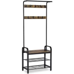 Vasagle Garderobenständer HSR40B, Vintage, Mit 9 Haken, Metall / Holz, Schwarz / Braun