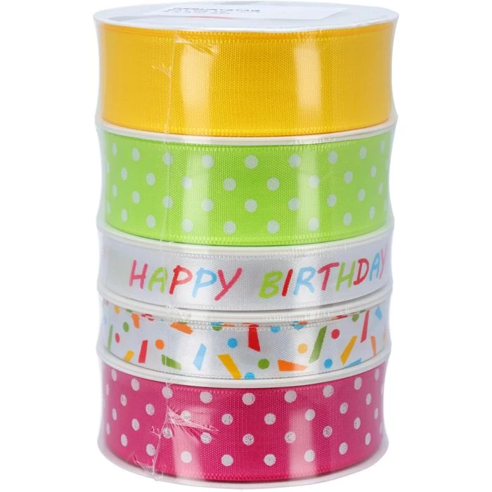 Präsent Geschenkband Geburtstag, Set Mit 5 Motiven, Stoffband, 15-25mm X 3m, Matt, 5 Stück